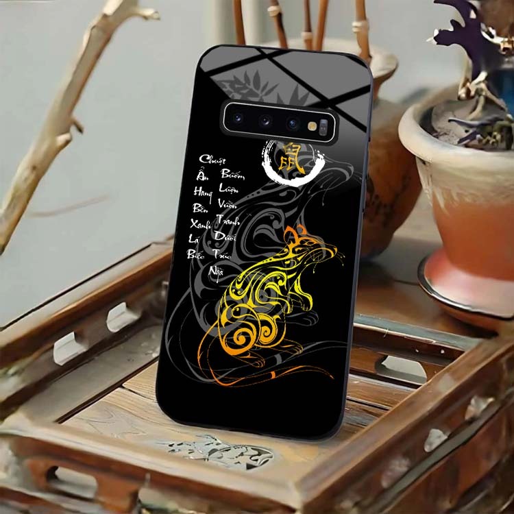 Ốp Lưng Cho SAMSUNG S10, S10+, S10E, S10 5G Mặt Lưng Kính Cường Lực 12 Con Giáp Thư Pháp