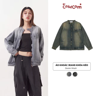 Áo Khoác Jeans Khóa Kéo 𝑩𝒚𝒄𝒂𝒎𝒄𝒂𝒎 Vải Denim Wash Tiện Lợi Form Rộng Phong Cách Retro