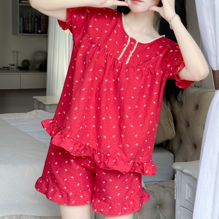 Đồ Bộ Nữ Mặc Nhà Mùa Hè Bigsize Vải Đũi Mềm Tay Ngắn Quần Đùi Cổ Trụ Viền Ren Dễ Thương - PONA