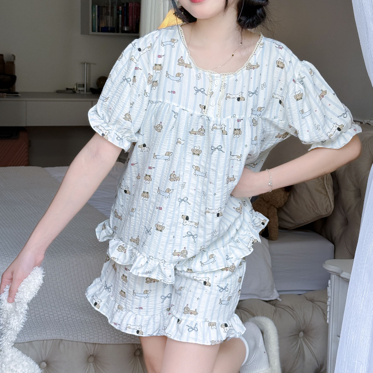 Đồ Bộ Nữ Mặc Nhà Mùa Hè Bigsize Vải Đũi Mềm Tay Ngắn Quần Đùi Cổ Trụ Viền Ren Dễ Thương - PONA