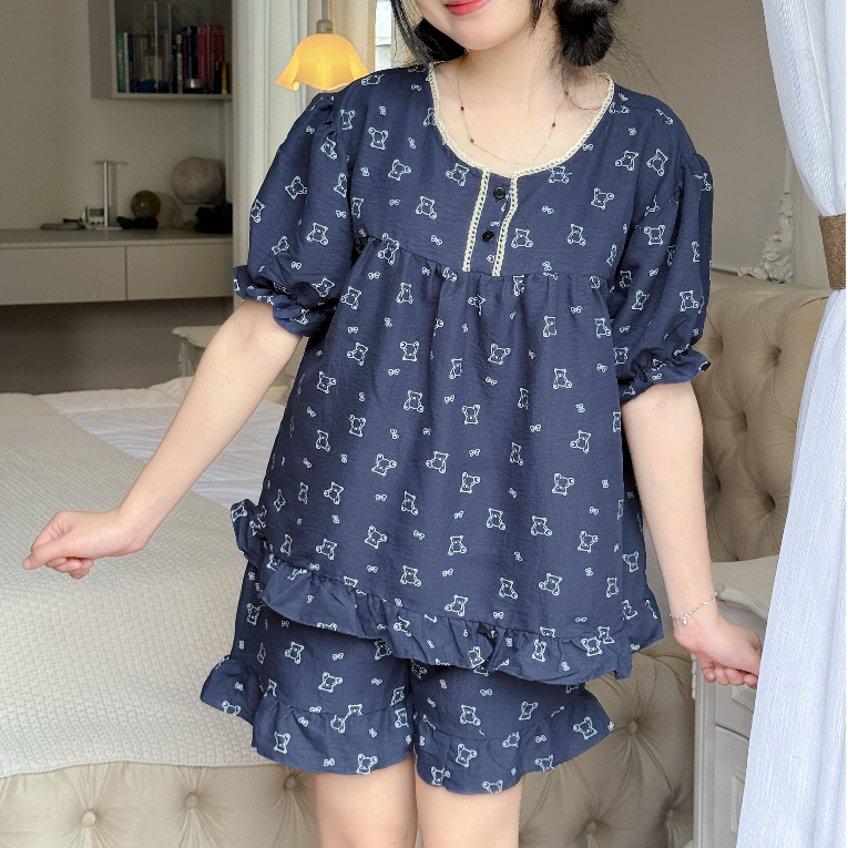Đồ Bộ Nữ Mặc Nhà Mùa Hè Bigsize Vải Đũi Mềm Tay Ngắn Quần Đùi Cổ Trụ Viền Ren Dễ Thương - PONA