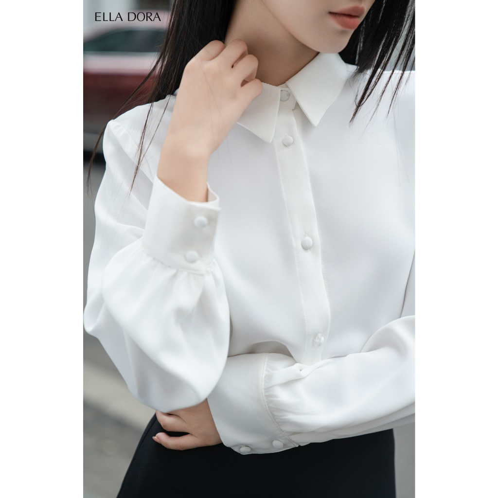 Áo sơ mi nữ ELLA DORA thiết kế dáng suông cúc bọc thanh lịch hiện đại hai màuTRẮNG/XANH [SM146]