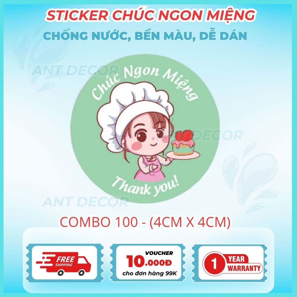Combo 100 TEM DÁN CHÚC BẠN NGON MIỆNG 4cm, Decal Đẹp Mắt, Bền Màu, Chống Nước