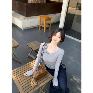 Áo thun nữ tay dài trễ vai gân tăm ôm body phối cà vạt xám tro sexy hàn quốc VANISA CT401