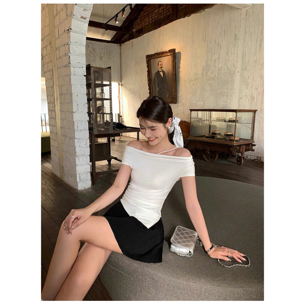 [Chất COTTON ] Áo Trễ Vai Ngắn Tay Phối Dây Ngang Vai RANSHI Vạt Lệch Ôm Body Tôn Dáng Chất Thun Cotton