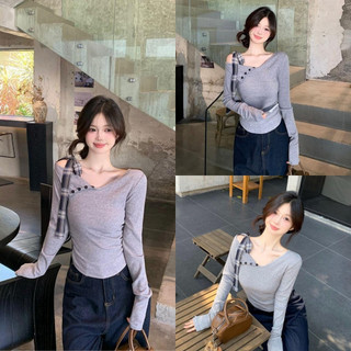 Áo thun dài tay nữ chất thun tăm co giãn màu xám cổ tim body phối sơ mi VANISA CT401