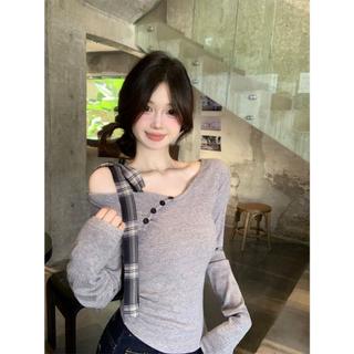 Áo thun nữ tay dài trễ vai gân tăm ôm body phối cà vạt xám tro sexy hàn quốc VANISA CT401