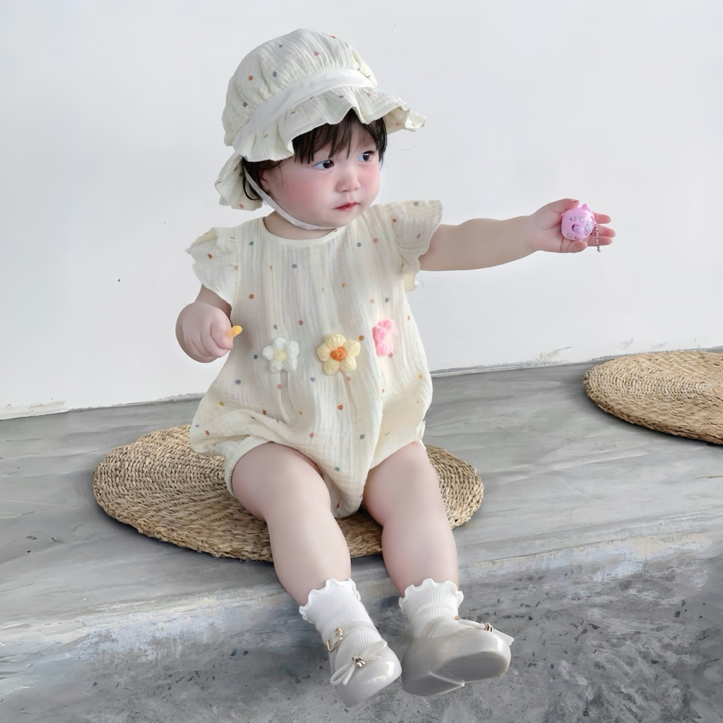 Bodysuit Cho Bé Set 2 Món Body Xô Muslin Chấm Bi 3 Hoa Len Ngực Kèm Mũ Xinh