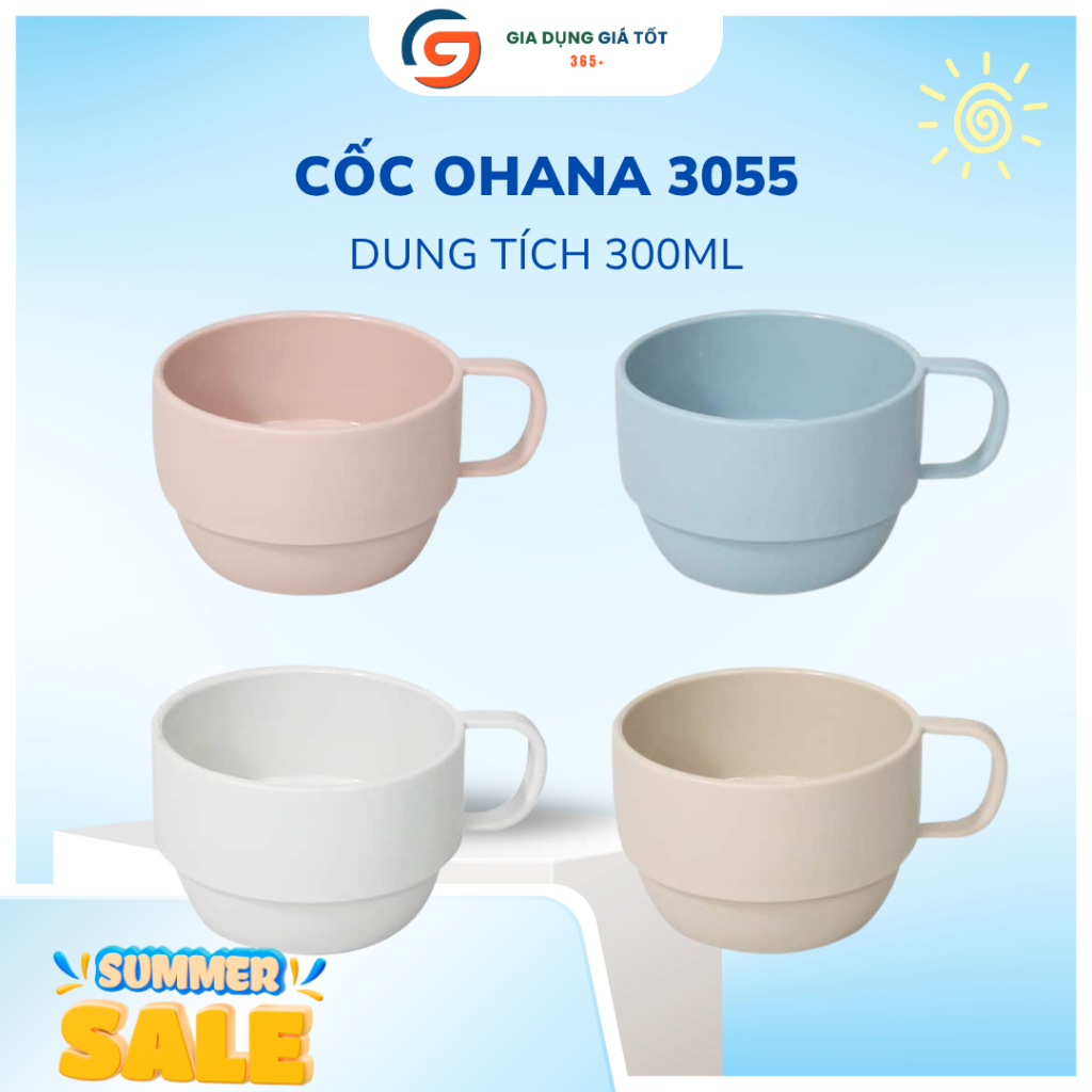 Cốc uống trà, cà phê, sữa có quai Ohana, cốc dáng tròn thấp uống nước màu pastel nhẹ nhàng