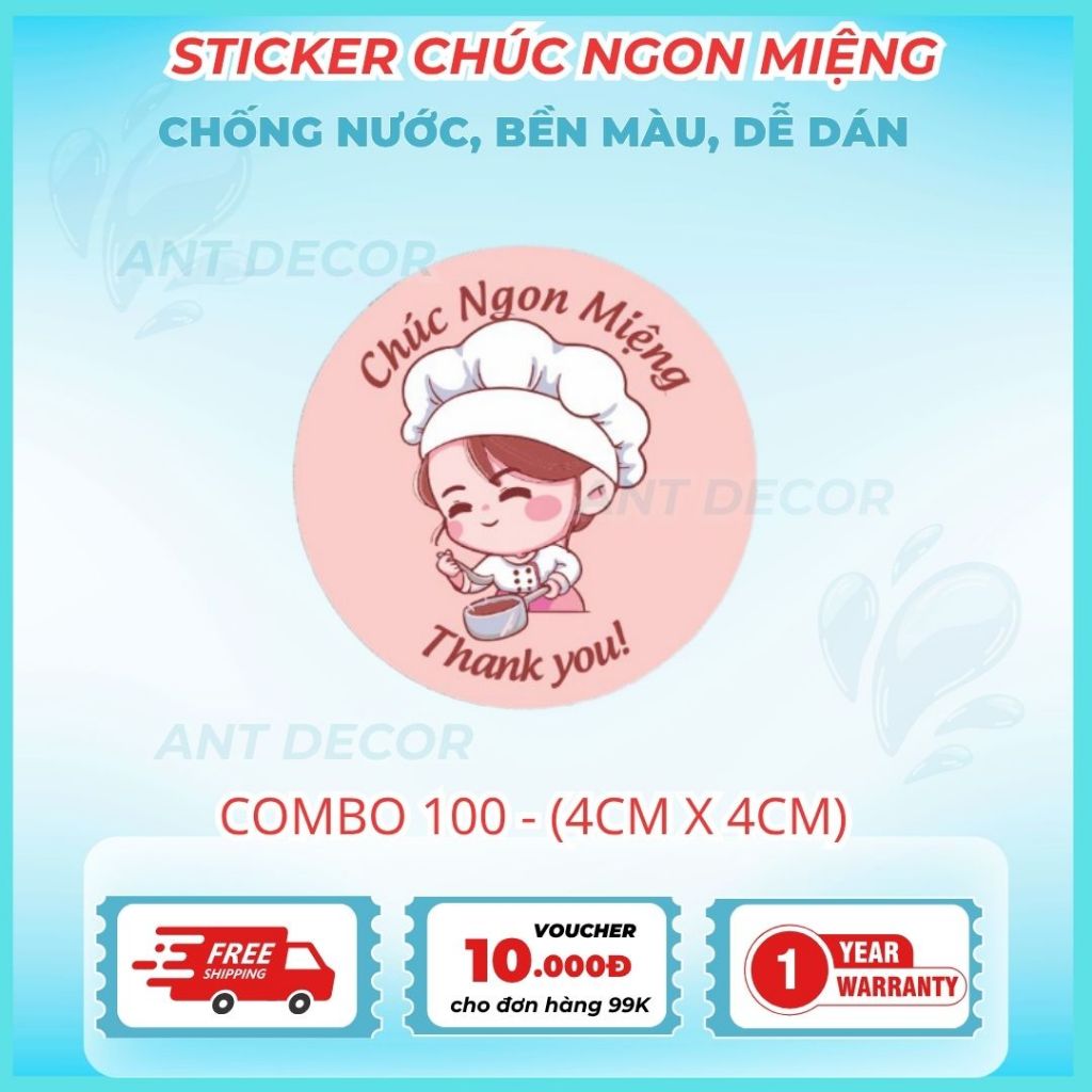Combo 100 TEM DÁN CHÚC BẠN NGON MIỆNG 4cm, Decal Đẹp Mắt, Bền Màu, Chống Nước
