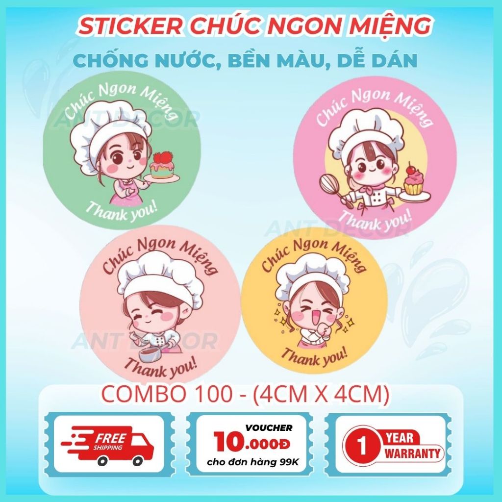Combo 100 TEM DÁN CHÚC BẠN NGON MIỆNG 4cm, Decal Đẹp Mắt, Bền Màu, Chống Nước