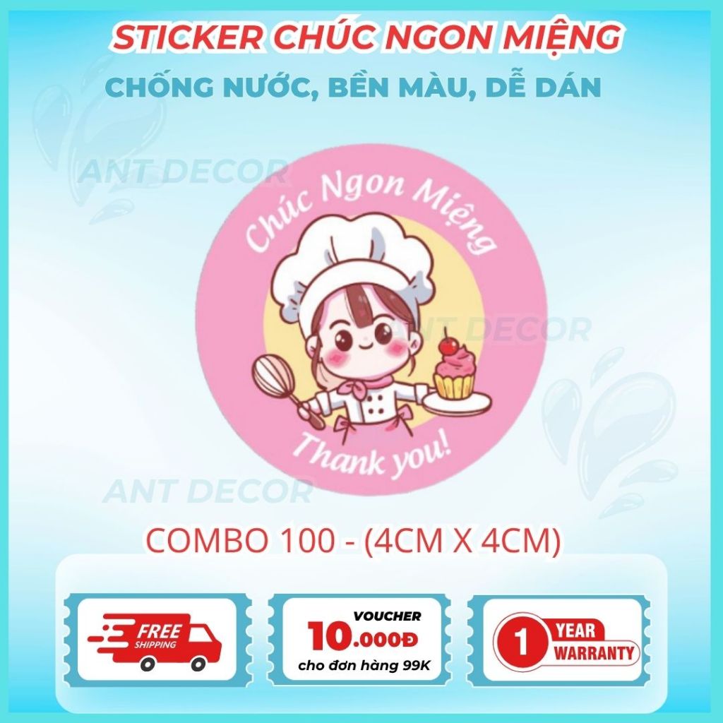 Combo 100 TEM DÁN CHÚC BẠN NGON MIỆNG 4cm, Decal Đẹp Mắt, Bền Màu, Chống Nước