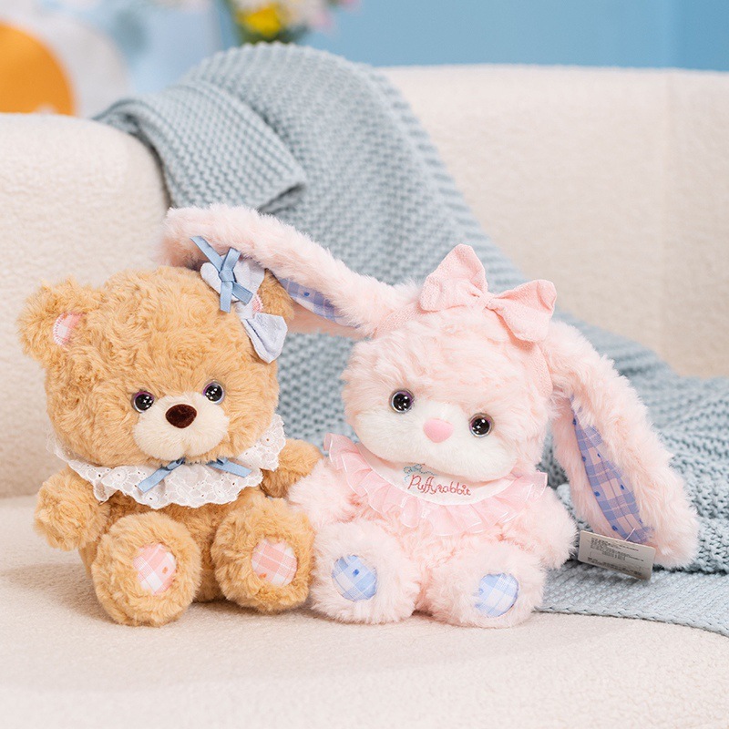 Bộ Đôi Gấu Bông Thỏ Hồng Và Gấu Teddy Nâu Lông Xù Mắt Sao Dễ Thương Làm Quà Tặng Sinh Nhật Cho Bạn Gái, Cho Bé