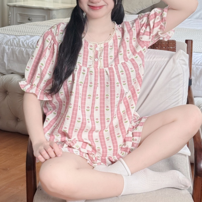 Đồ Bộ Nữ Mặc Nhà Mùa Hè Bigsize Vải Đũi Mềm Tay Ngắn Quần Đùi Cổ Trụ Viền Ren Dễ Thương - PONA