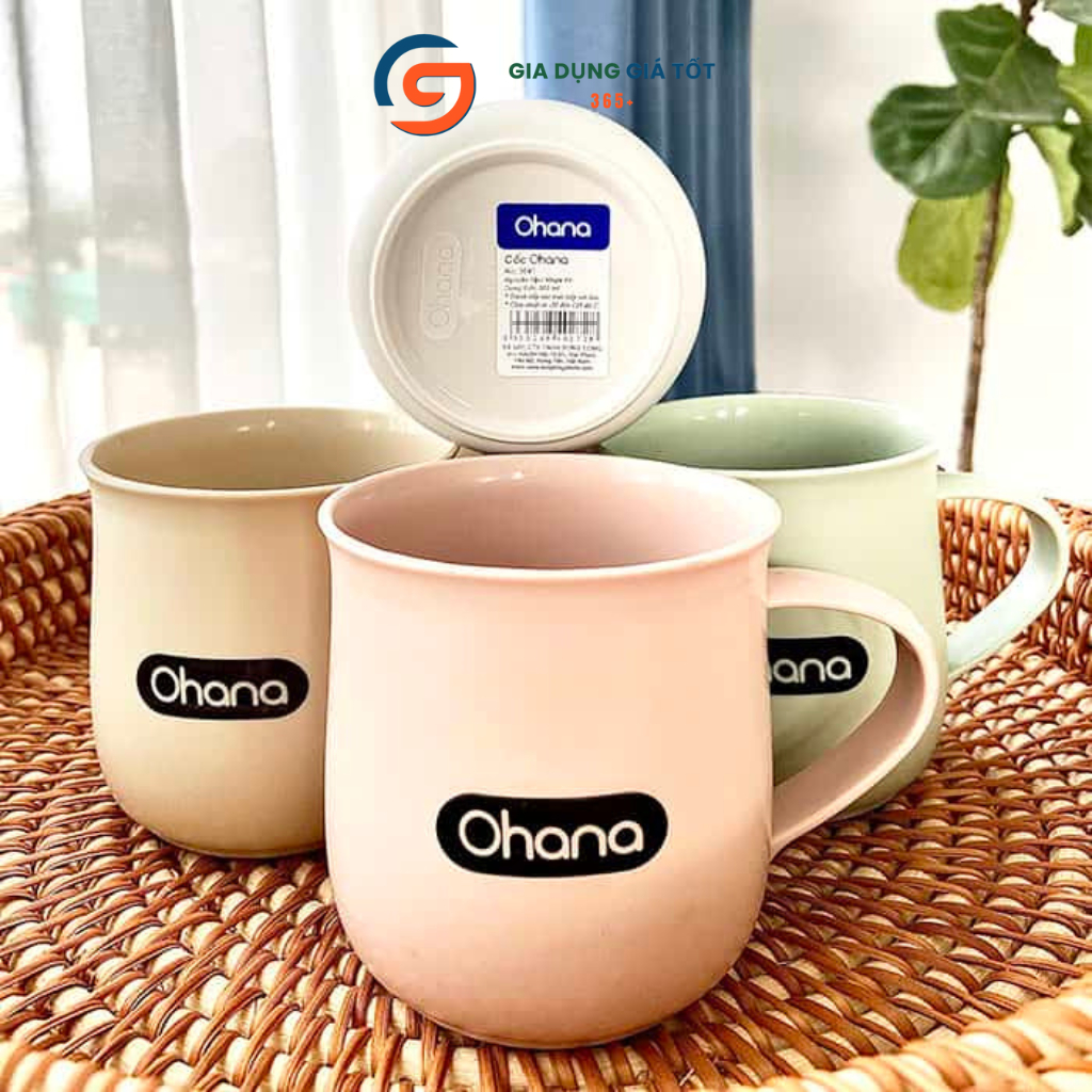 Cốc uống nước, trà, cà phê 350ml có quai Ohana - cốc nhựa đẹp màu pastel, dáng cao nhẹ tiện dụng