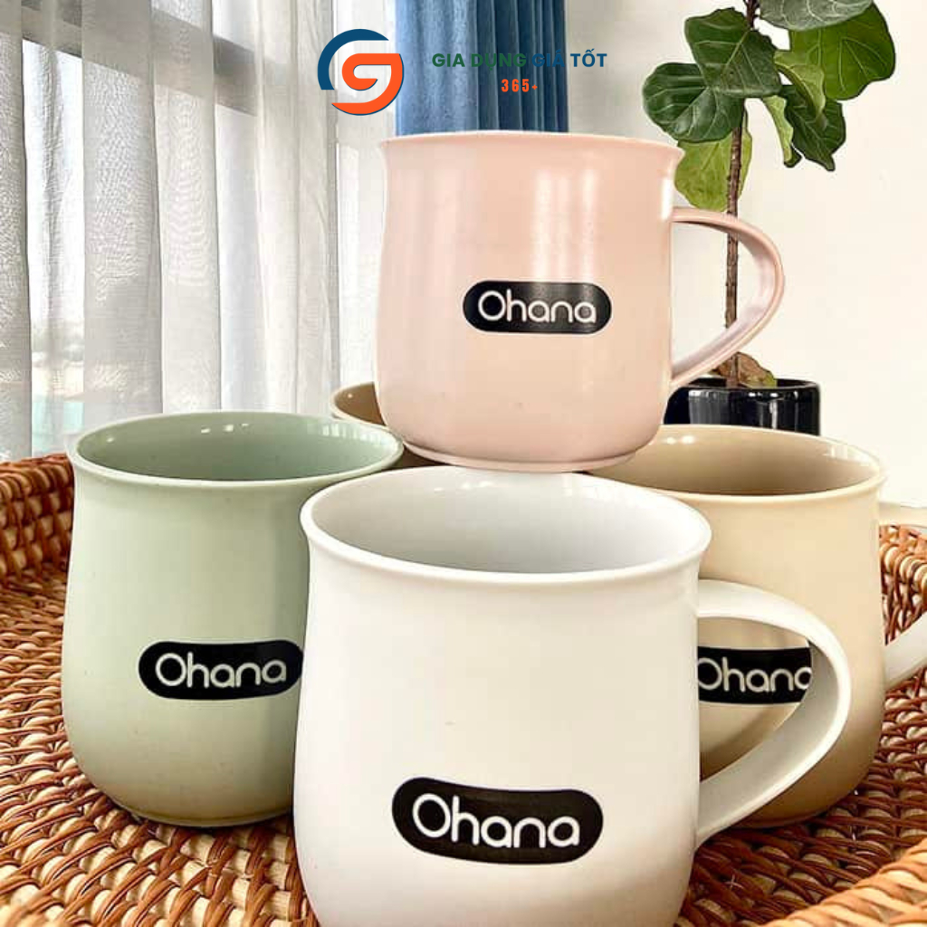 Cốc uống nước, trà, cà phê 350ml có quai Ohana - cốc nhựa đẹp màu pastel, dáng cao nhẹ tiện dụng