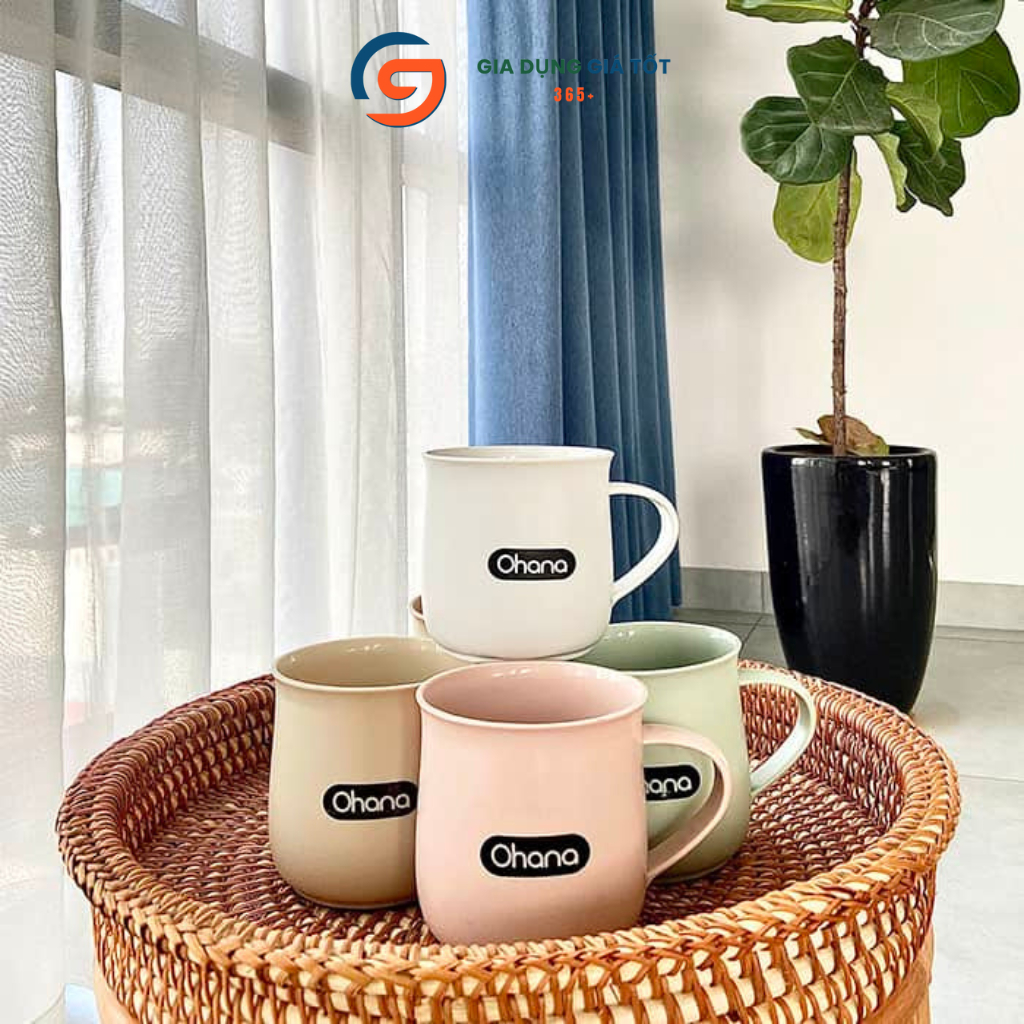 Cốc uống nước, trà, cà phê 350ml có quai Ohana - cốc nhựa đẹp màu pastel, dáng cao nhẹ tiện dụng