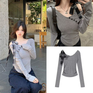 Áo thun nữ tay dài trễ vai gân tăm ôm body phối cà vạt xám tro sexy hàn quốc VANISA CT401