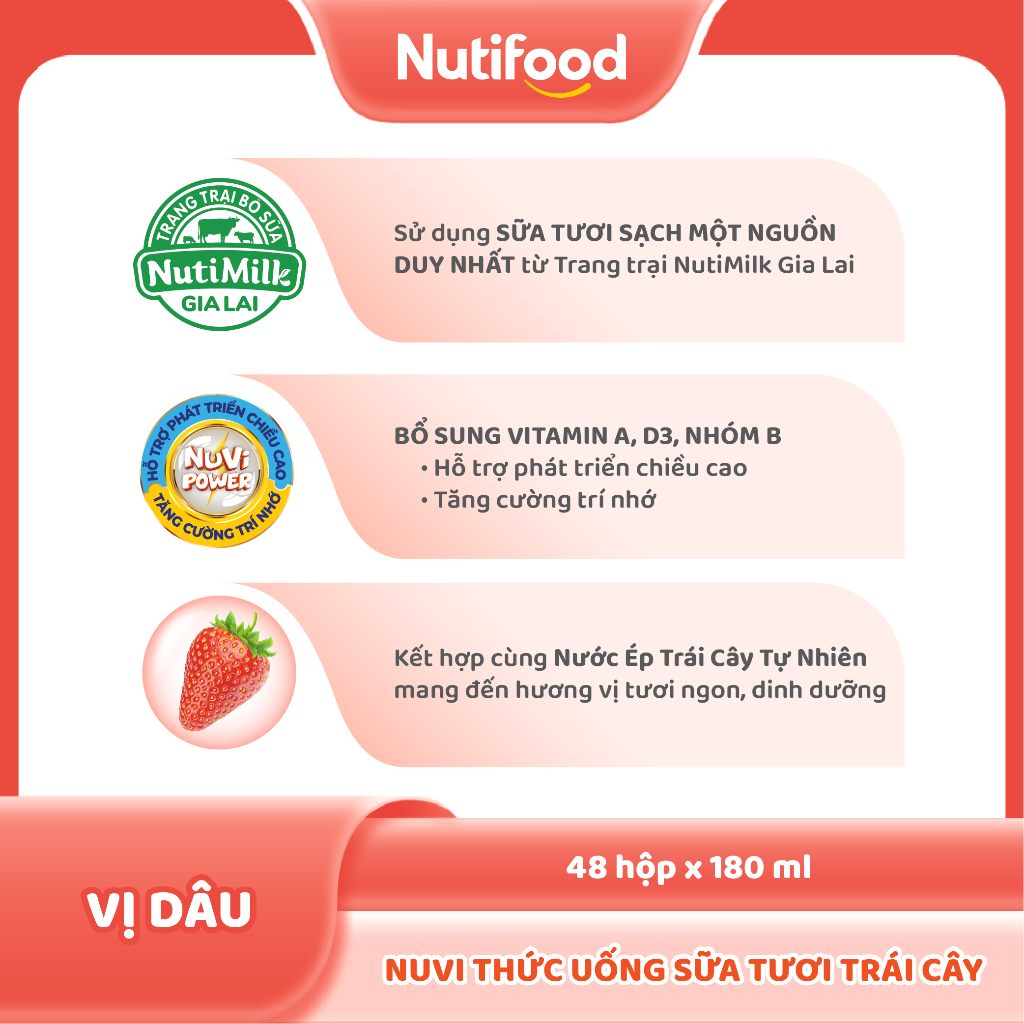 Thùng 48 Hộp Thức Uống Sữa Tươi Trái Cây NuVi Vị Dâu 180ml