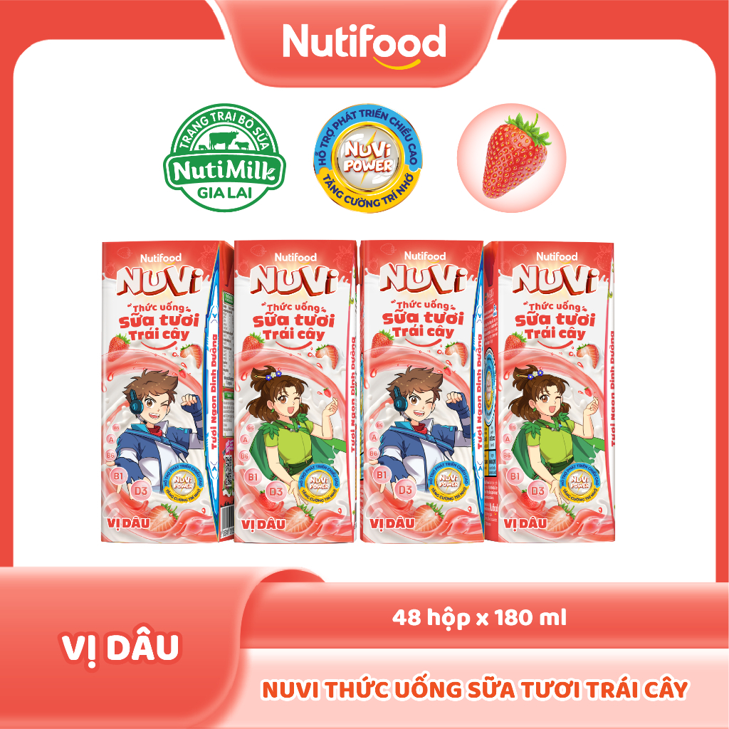 Thùng 48 Hộp Thức Uống Sữa Tươi Trái Cây NuVi Vị Dâu 180ml
