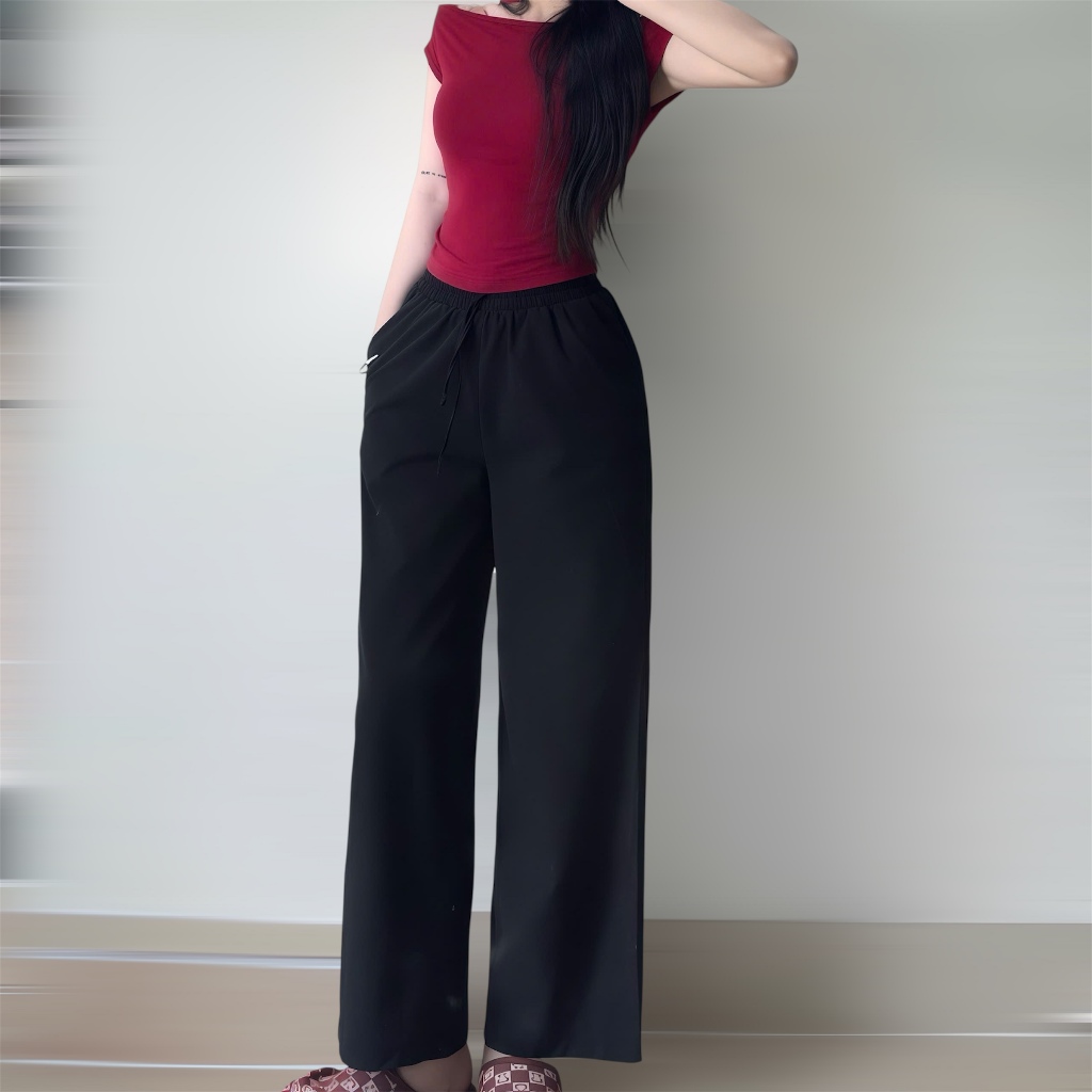 Quần Dài Ống Rộng Có Dây Phối Dáng Suông, Quần Ống Suông Cạp Chun Lưng Cao Cho Nữ Vải Kaki Gió Hàn Thu Đông-QD001