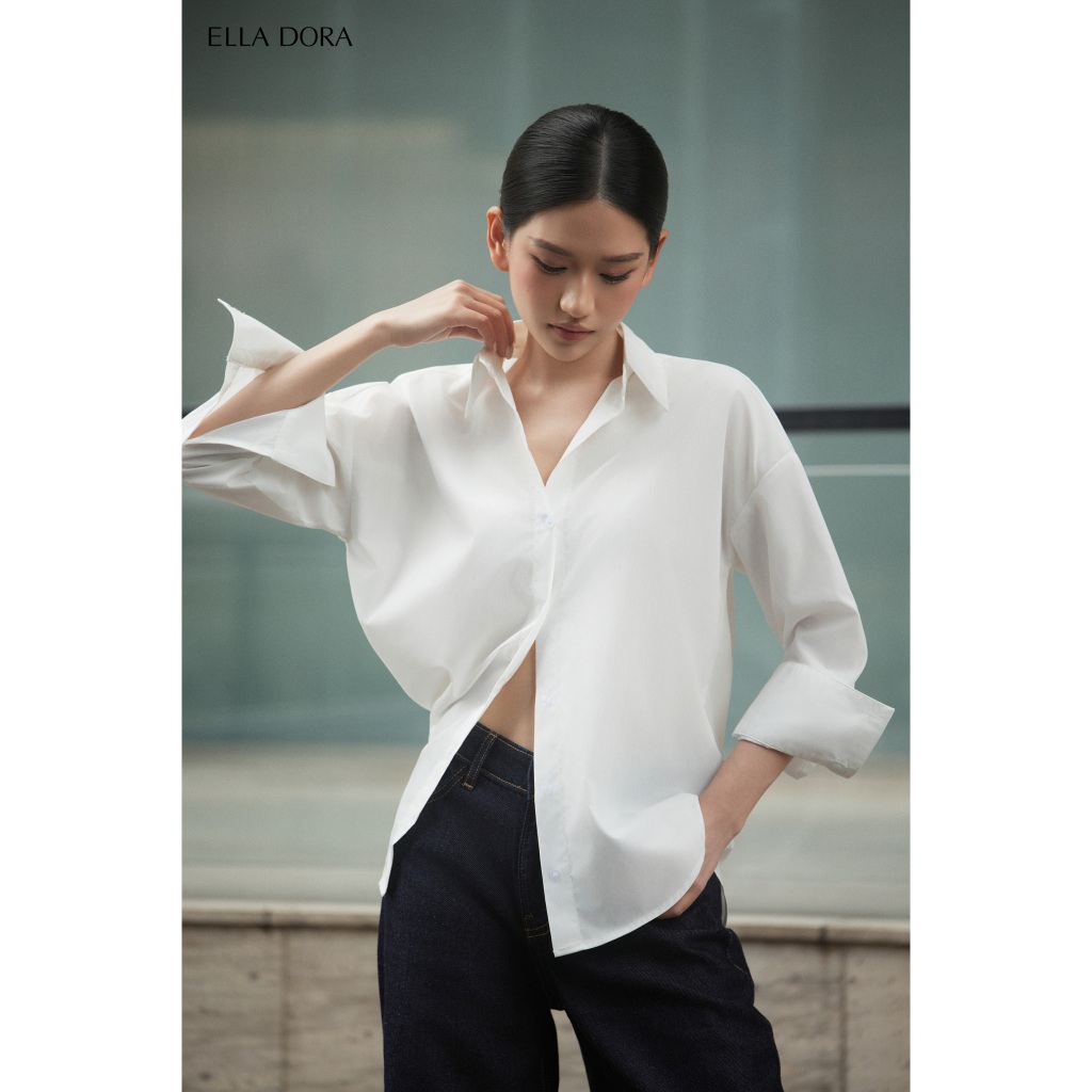 Áo sơ mi nữ ELLA DORA dài tay dáng suông form gọn thanh lịch hiện đại 3 màu TRẮNG/HỒNG/XANH [SM138]