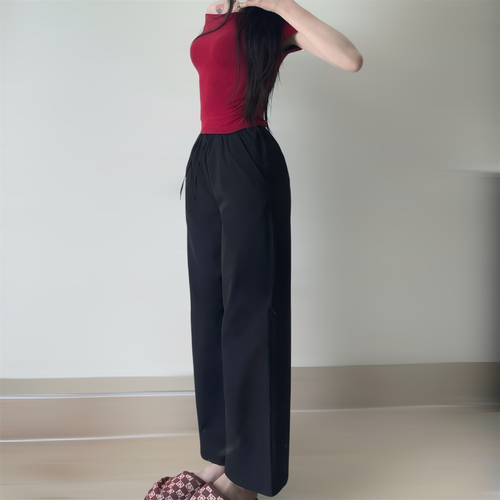 Quần Dài Ống Suông Có Dây Phối, Quần Ống Rộng Cạp Chun Lưng Cao Cho Nữ Vải Kaki Gió Hàn-QD001