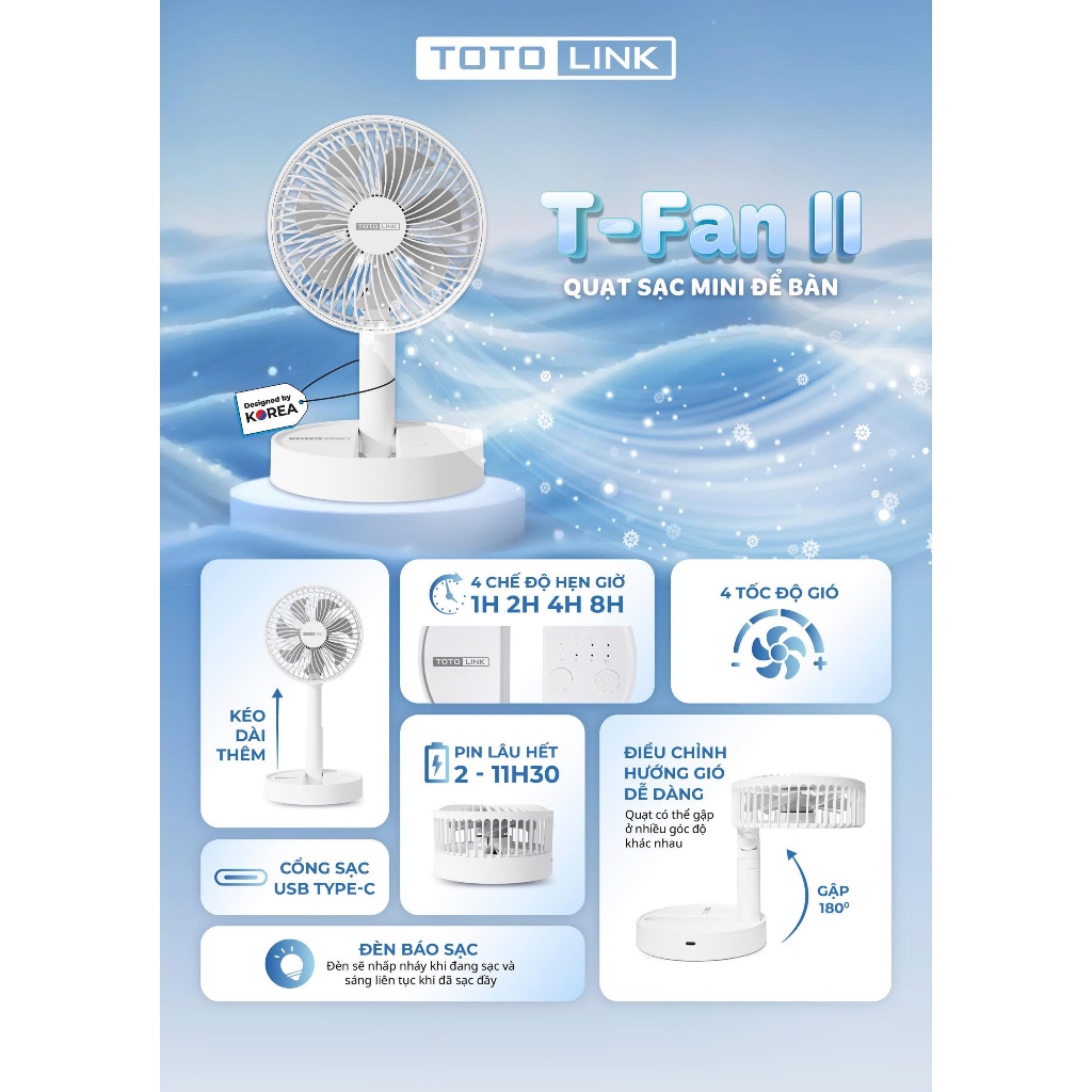 [HỎA TỐC] Quạt Sạc Mini Để Bàn Totolink Fan02 – Cổ Gập Linh Hoạt, Pin Trâu 1800mAh, Chạy Liên Tục 11 Giờ!