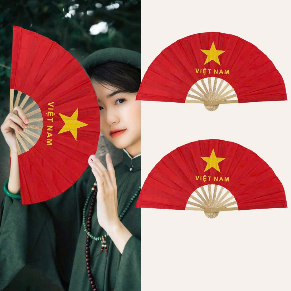 Quạt vải Cờ Đỏ Sao Vàng đường kính 48cm -57cm  - Quạt Vải Lụa Loại Dày Đẹp Dùng Biểu Diễn, Cổ Động Quốc Khánh