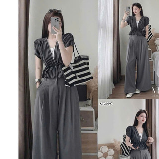Set bộ thời trang nữ chất Lụa in sọc áo cổ V tay ngắn có dây thắt eo mix quần Tuyết Mưa dài cho chị em đi cafe thư giản