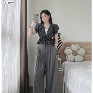 Set bộ thời trang nữ chất Lụa in sọc áo cổ V tay ngắn có dây thắt eo mix quần Tuyết Mưa dài cho chị em đi cafe thư giản