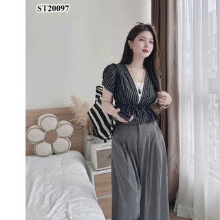 Set bộ thời trang nữ chất Lụa in sọc áo cổ V tay ngắn có dây thắt eo mix quần Tuyết Mưa dài cho chị em đi cafe thư giản