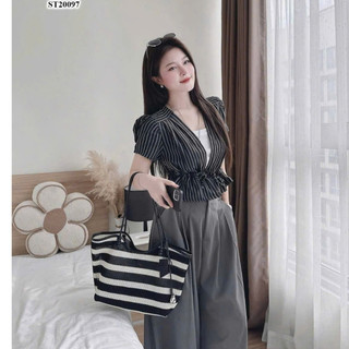 Set bộ thời trang nữ chất Lụa in sọc áo cổ V tay ngắn có dây thắt eo mix quần Tuyết Mưa dài cho chị em đi cafe thư giản