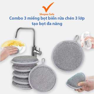 Combo 3 miếng bọt biển rửa chén 3 lớp tạo bọt đa năng cọ rửa xoong nồi đũa bát #A257