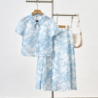Áo nữ croptop cổ bẻ đính cúc phối Chân váy xoè tròn họa tiết loang LAMER L61H25H068 L62L25H016