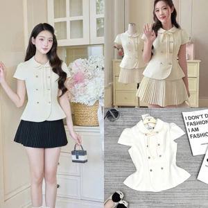 Áo Thiết Kể Cổ Sen Đính Nơ 2 Hàng Cúc Tay Hến Chiết Ly Eo Sang Chảnh