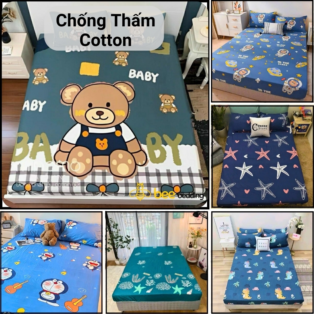 Ga Chống Thấm Cotton Cao Cấp, Ga giường bọc nệm chống thấm nước cho bé 1m2x2m, 1m4x2m, 1m6x2m, 1m8x2m, 2mx2m2