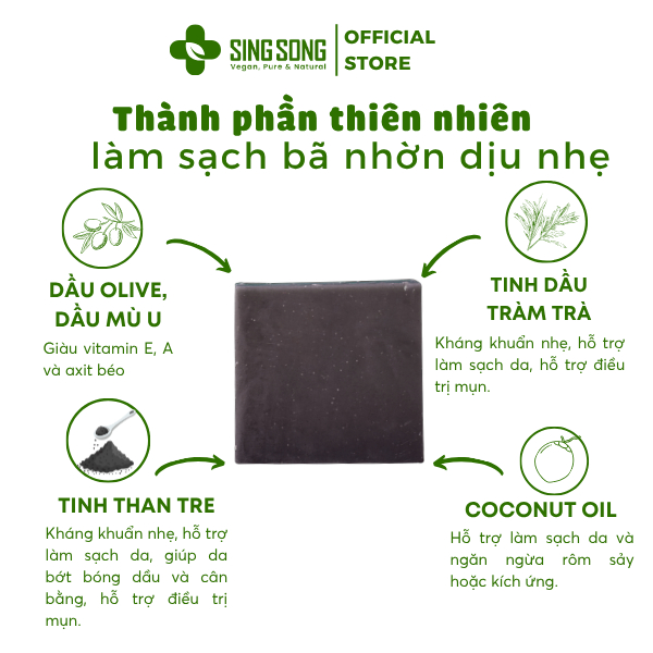 Xà Bông Than Tre - Tràm Trà SingSong. Hỗ trợ giảm mụn, giảm mùi hôi của Tuổi Dậy Thì - 160gr