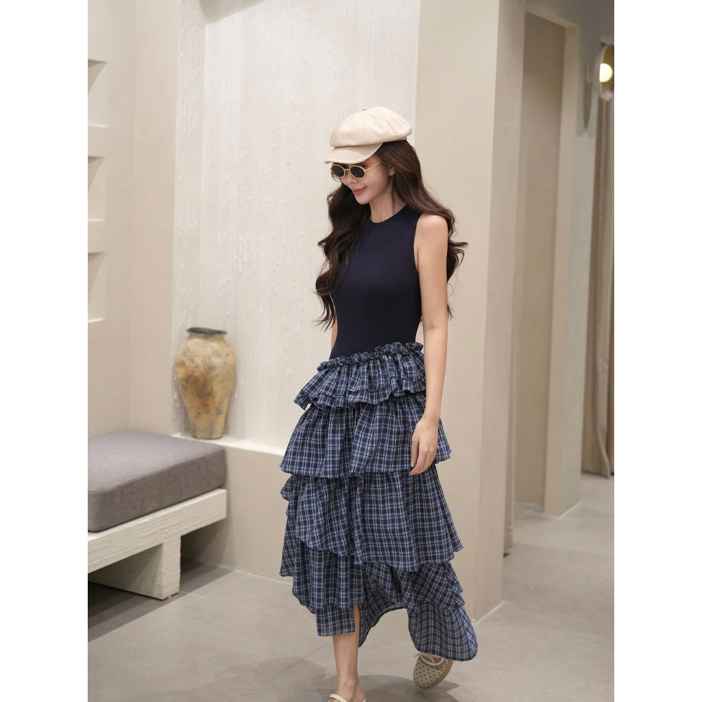 NH CLOTHER - Đầm váy sát nách phối chân váy caro tầng ăng động, cá tính và cực thời thượng