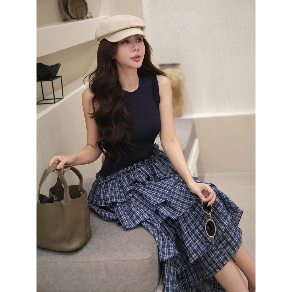 NH CLOTHER - Đầm váy sát nách phối chân váy caro tầng ăng động, cá tính và cực thời thượng