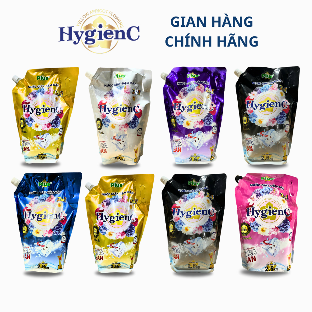 [SỈ THÙNG] Thùng 8 Túi Nước Giặt Đậm Đặc HygienC Plus 2.6Kg/Túi - Hương Nước Hoa, Làm Sạch Vết Bẩn