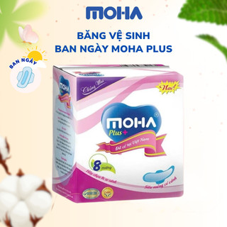 Combo 8 gói băng vệ sinh MOHA Plus loại ban ngày có cánh và không cánh, hộp 8 miếng an toàn cho da