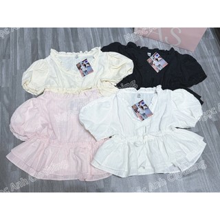 Áo babydoll tay phồng cổ chữ V thắt nơ 2 tầng xinh xắn bánh bèo siu xinh