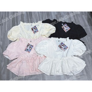 Áo babydoll tay phồng cổ chữ V thắt nơ 2 tầng xinh xắn bánh bèo siu xinh