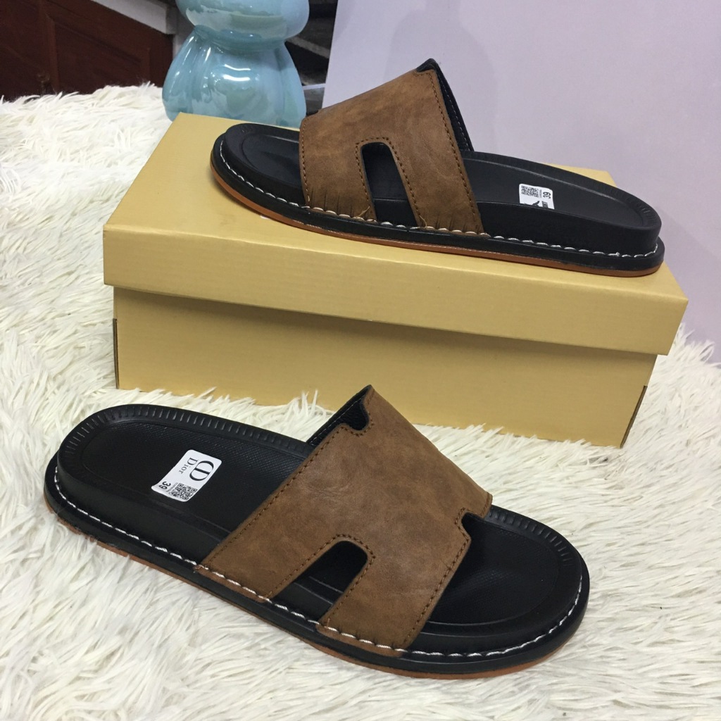 Dép Nam, Dép Da Chữ H Quai Ngang Cao Cấp, Đế Cao Su Khâu Thủ Công Chống Trơn Êm Châ,n Thời Trang, Size 38-44