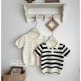 LT - Áo len nữ cổ bẻ kẻ sọc ngang len polo cổ đức, mongtoghi dày dặn cộc tay 1135