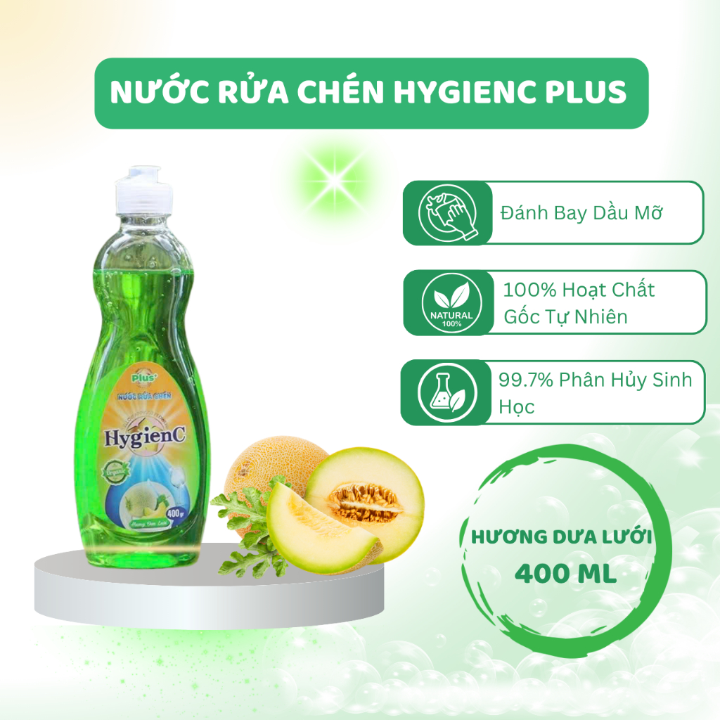 [NEW] Chai Nước Rửa Chén HygienC Plus Hương Dưa Lưới 400 Gram/ Chai - Làm Sạch Vết Dầu Mỡ