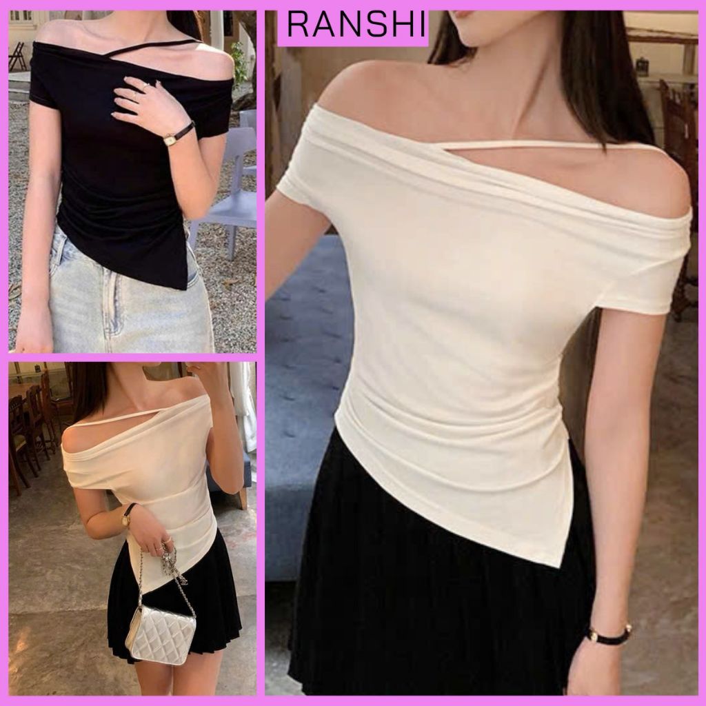 [Chất COTTON ] Áo Trễ Vai Ngắn Tay Phối Dây Ngang Vai RANSHI Vạt Lệch Ôm Body Tôn Dáng Chất Thun Cotton