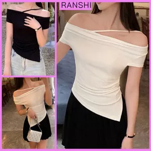 Áo Trễ Vai Ngắn Tay Phối Dây Ngang Vai RANSHI Vạt Lệch Ôm Body Tôn Dáng Chất Thun Cotton