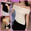 Áo Trễ Vai Ngắn Tay Phối Dây Ngang Vai RANSHI Vạt Lệch Ôm Body Tôn Dáng Chất Thun Cotton